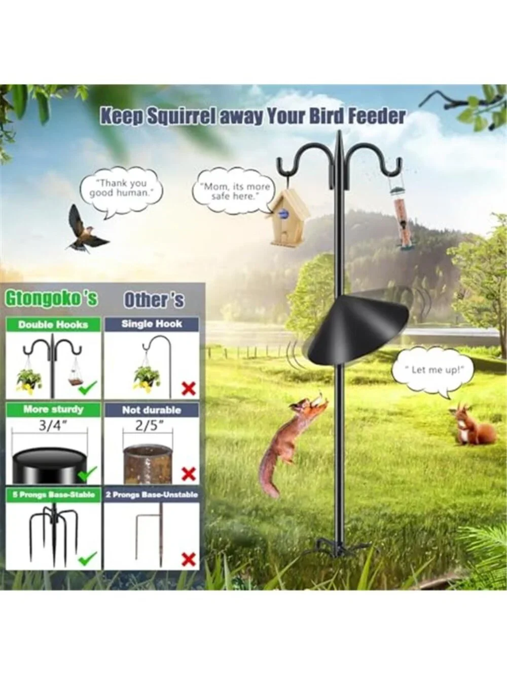Squirrel Proof Bird Feeder Pole, 92 Inch Double Shepherds Hook with 19  Inch